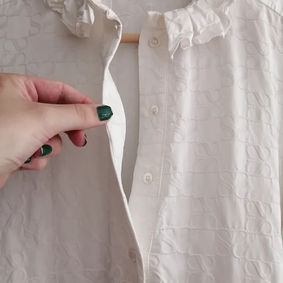 Sandro Jacquard Blouse Double S Logo Pleated Collar Puff Sleeves White 2 Medium - Picture 4 of 16